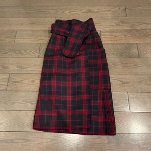 Sofie D'Hoore Red and Black Plaid Midi Skirt with Wrap Detail